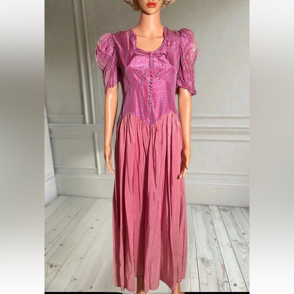 VTG 1930s Iridescent Taffeta Gown Plaid Puff Sleeve Art Deco Maxi Dress 34w